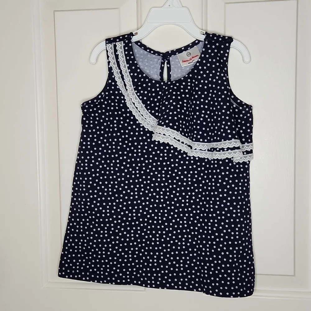 Hanna Andersson Girls Navy Lace Trim Polka Dot Top Size 120 or Size 6
